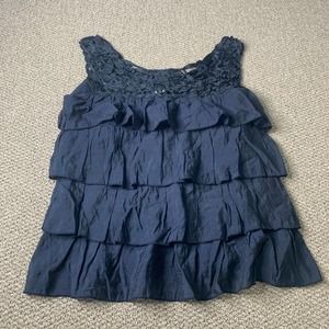 Luil Womens Blouse Top‎ Size Large Blue Tiered Ruffles Sleeveless Lace Yoke